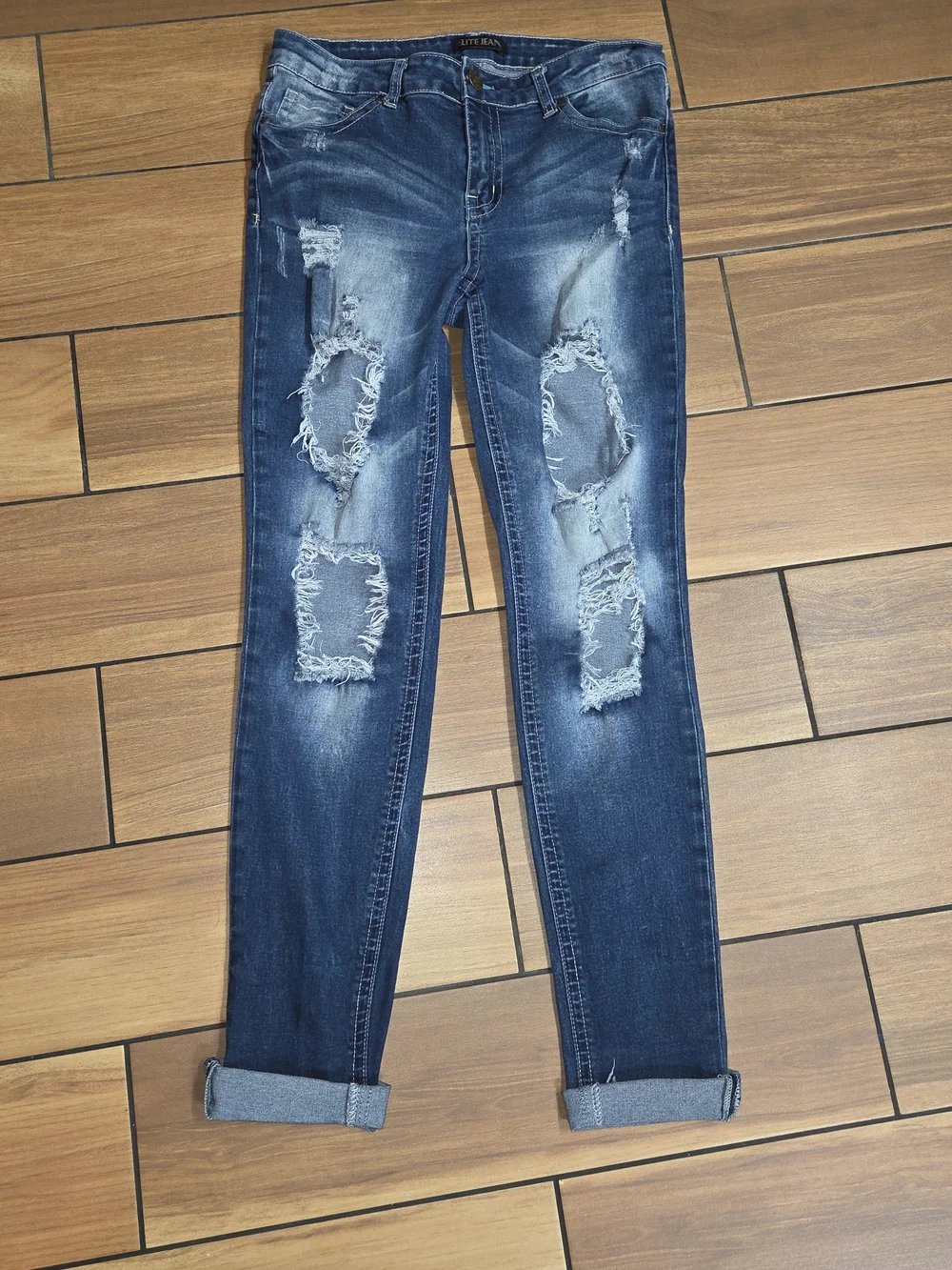 Women's Distressed Skinny Jeans in Dark Blue by Liy Jean - Picture 1 of 7